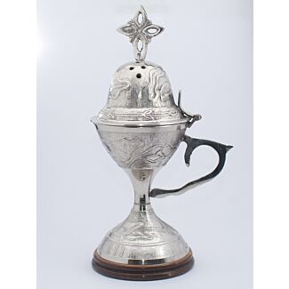 Engraved Nickel Plated Brass Censer w/Wooden Base 