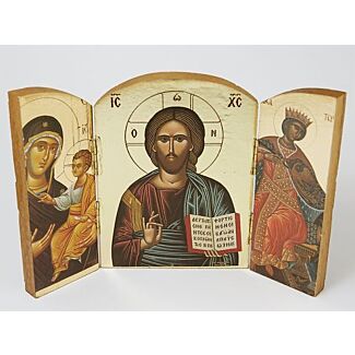 Wooden Triptych Icon of Christ and Saints with Gold Foil Background