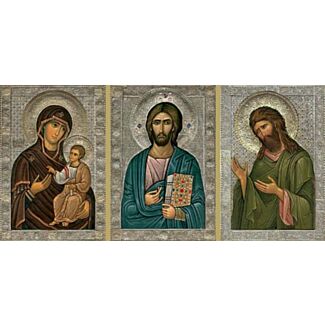 Riza wedding set: Riza Icon of Christ (Spas-Bys-s) 6 x 8.5; Riza Icon of Mother of God (Iverska-Bys-s) 6 x 8.5; Riza Icon of the Baptist (Prodrome-Bys-s) 6 x 8.5