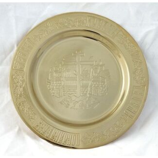 Lacquered brass tray engraved with three-barred Cross and Jerusalem cityscape