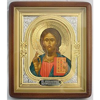 “The Lord Pantocrator” Icon with Embossed Gold and Silver Riza Mounted in a Hardwood Frame with Glass