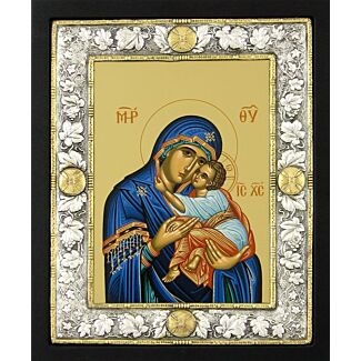 Icon of the Mother of God with Sterling Silver Riza Border with Gold Accents