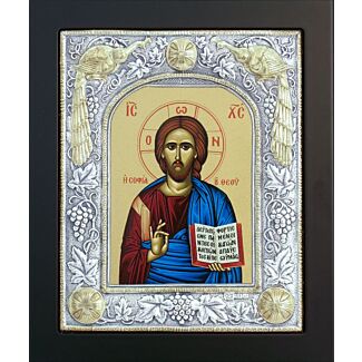 Icon of the Lord Jesus Christ, “The Wisdom of God,” with Sterling Silver “Peacocks” Riza with Gold Accents