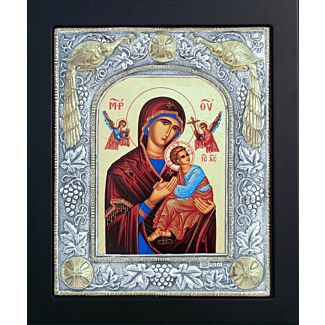 Icon of the Ever-Virgin Theotokos Mary, “The Unblemished,” with Sterling Silver “Peacocks” Riza with Gold Accents