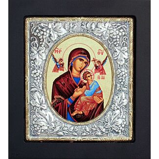 Icon of the Ever-Virgin Theotokos Mary, “The Unblemished,” with Sterling Silver “Grapevines” Riza with Gold Accents