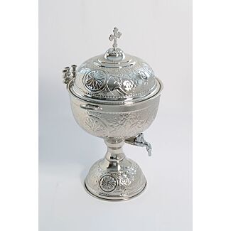 Embossed and chrome-plated holy water font with lid