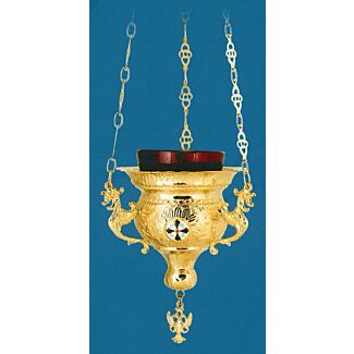 Gold-plated vigil lamp with enamel medallions