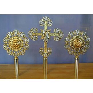 Small Gold- and Silver-Plated Processional Cross and Fans