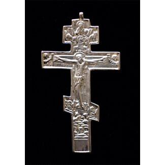 Silver-plated bronze three-barred Russian pectoral Cross with chain