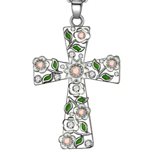Flower Rhinestone Cross Necklace (White)