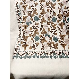 White, Beige, and Teal Floral Embroidered Scarf