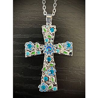 Flower Rhinestone Cross Necklace (blue)