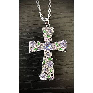 Flower Rhinestone Cross Necklace (purple)