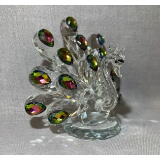Glass Peacock w/iridescent tail feathers 