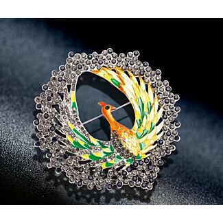 Round Peacock Brooch w/Rhinestones