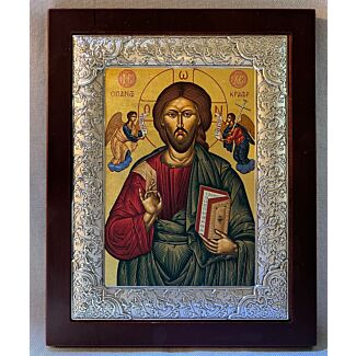 Christ Icon - Wood Mounted with Silver Riza Frame