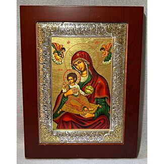 Icon of the Theotokos - with small Silver Frame and Wood Mounted