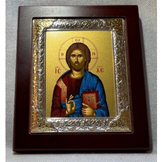 Icon of Christ, wood with thin metal frame detail