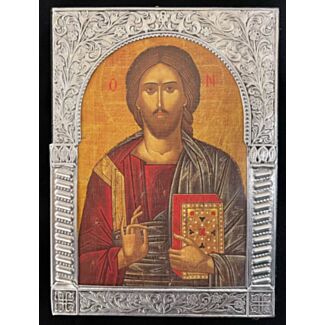 Small Icon of Christ with silver-colored frame