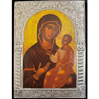 Small Icon of Theotokos with silver-colored frame