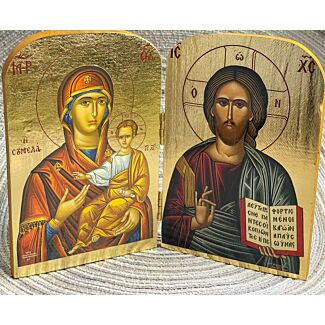 Wooden Diptych Icon of Christ and the Theotokos with Gold Foil Background