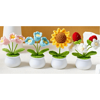 Crocheted Flowers in Plastic Pot - Desk Decoration