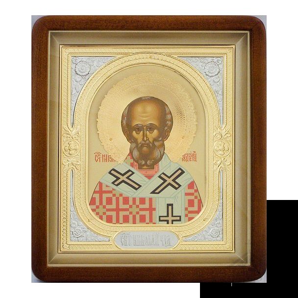 “Saint Nicholas the Wonderworker” Icon with Embossed Gold and Silver Riza Mounted in a Hardwood Frame with Glass