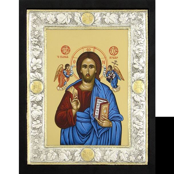 Icon of Christ with Sterling Silver Riza Border with Gold Accents