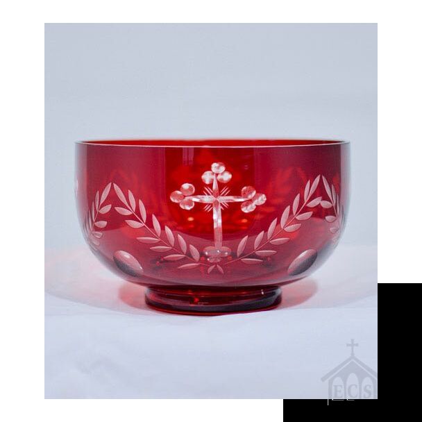 Red cut glass decorative bowl with Crosses