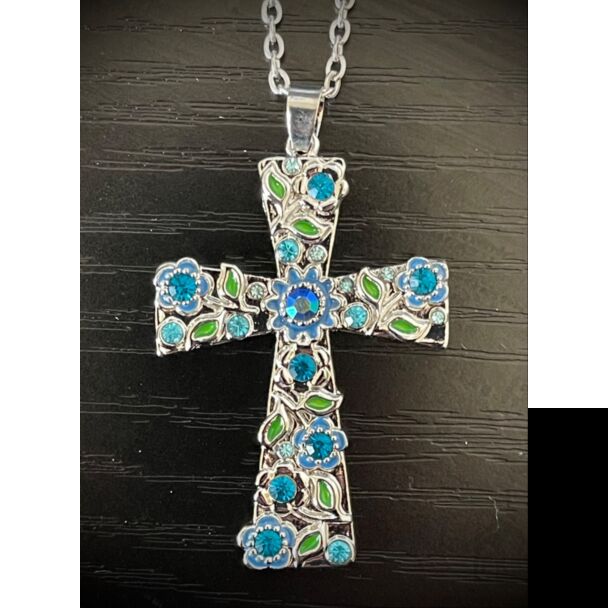 Flower Rhinestone Cross Necklace (blue)