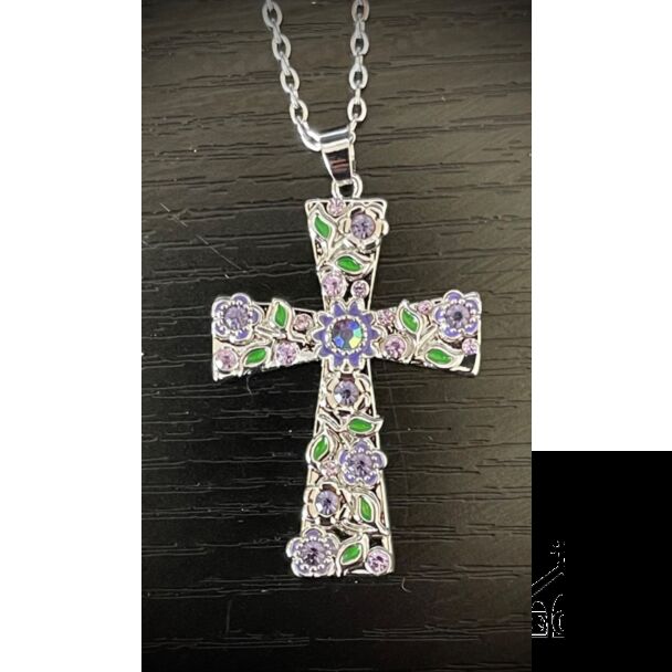 Flower Rhinestone Cross Necklace (purple)