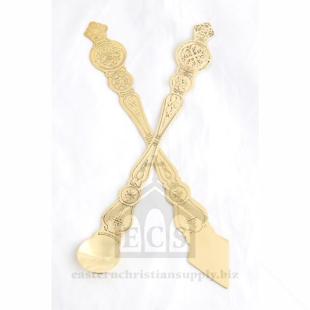 Lacquered brass engraved Communion spoon and spear set