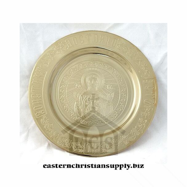Lacquered brass tray engraved with Platytera Icon