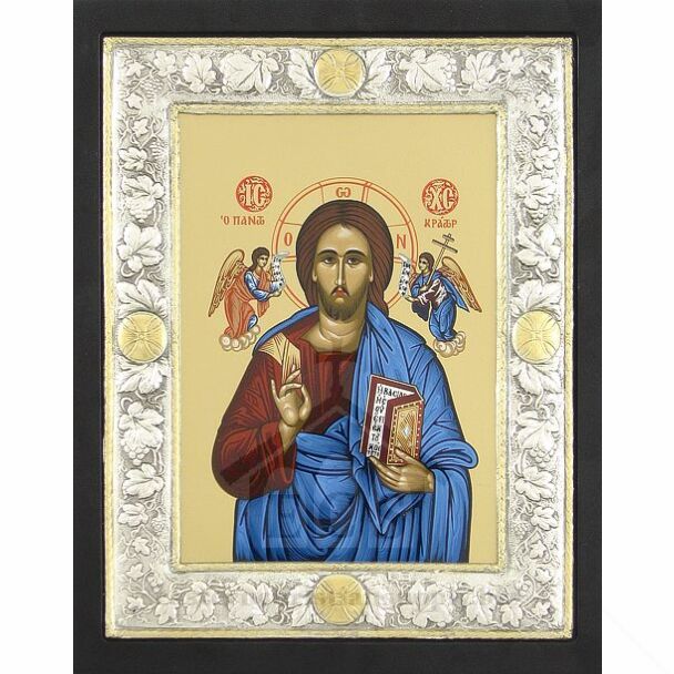 Icon of Christ with Sterling Silver Riza Border with Gold Accents