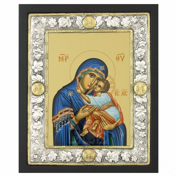 Icon of the Mother of God with Sterling Silver Riza Border with Gold Accents