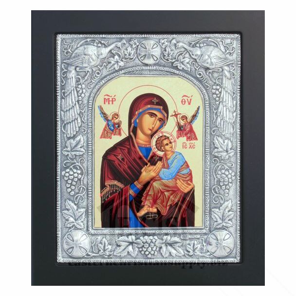 Icon of the Ever-Virgin Theotokos Mary, “The Unblemished,” with Sterling Silver “Peacocks” Riza