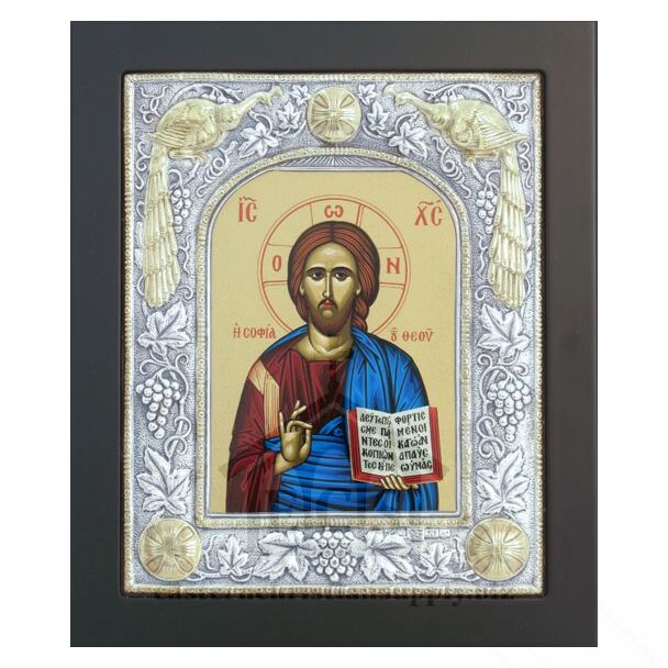 Icon of the Lord Jesus Christ, “The Wisdom of God,” with Sterling Silver “Peacocks” Riza with Gold Accents