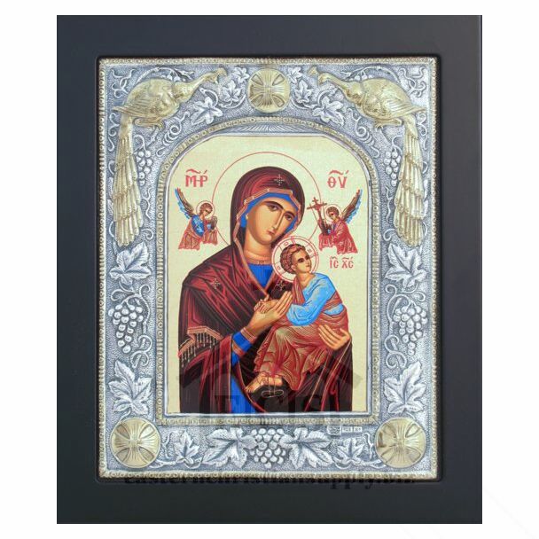Icon of the Ever-Virgin Theotokos Mary, “The Unblemished,” with Sterling Silver “Peacocks” Riza with Gold Accents