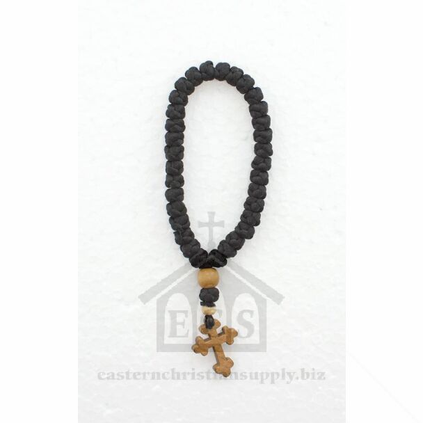 33-knot black floss prayer rope with wooden botonée Cross and cypress-wood beads