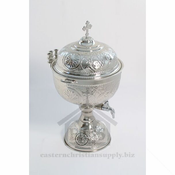 Embossed and chrome-plated holy water font with lid