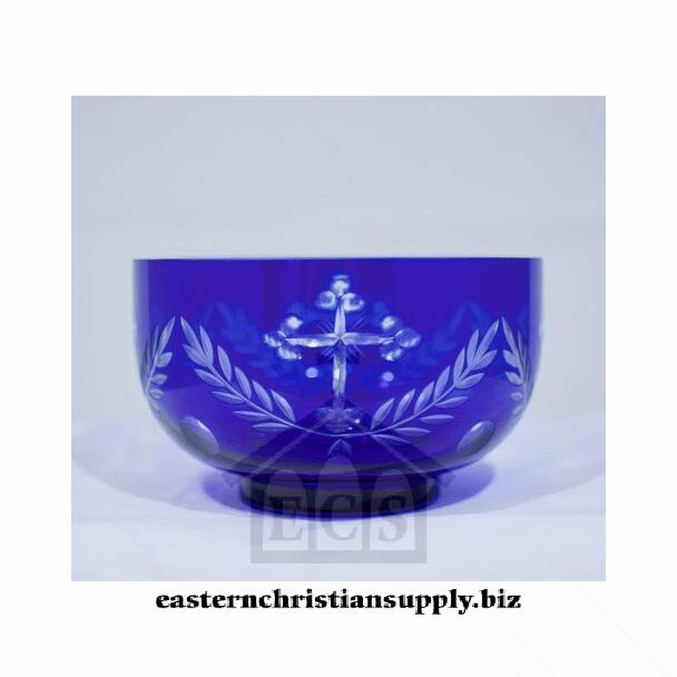 Blue cut glass decorative bowl with Crosses