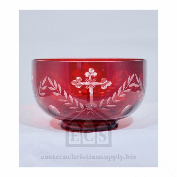 Red cut glass decorative bowl with Crosses