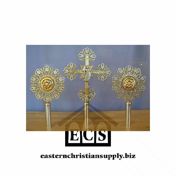 Small Gold- and Silver-Plated Processional Cross and Fans
