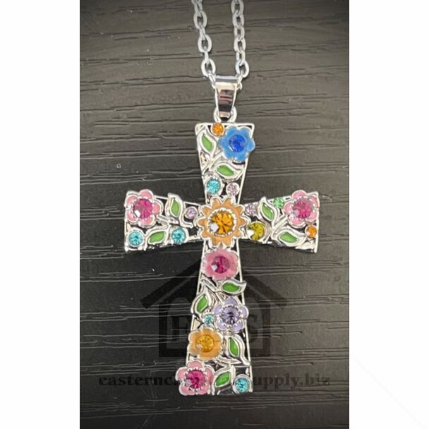 Flower Rhinestone Cross Necklace (multi-colored)