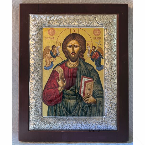 Christ Icon - Wood Mounted with Silver Riza Frame
