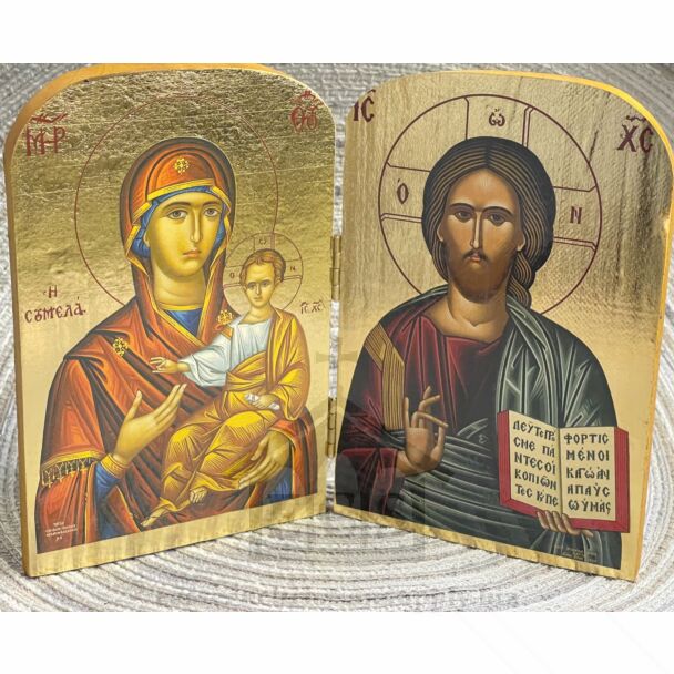 Wooden Diptych Icon of Christ and the Theotokos with Gold Foil Background