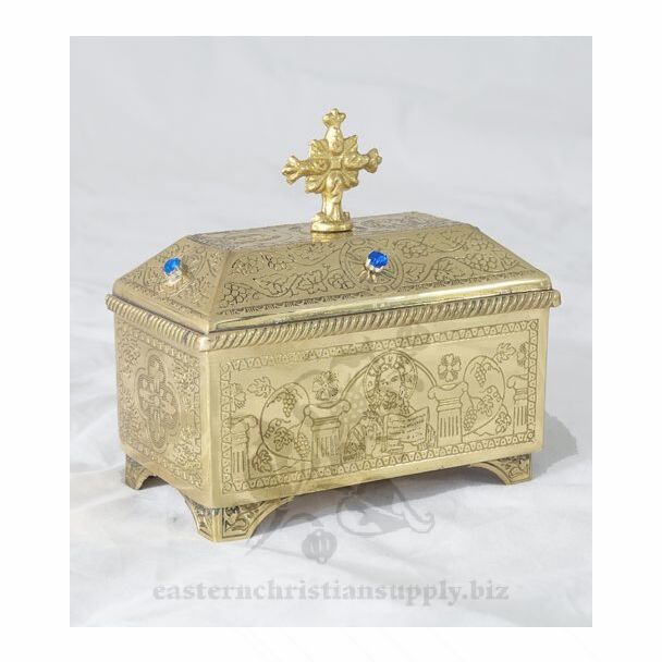 Small lacquered brass rectangular Artophorion (Pyx)