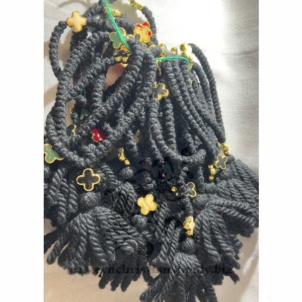 50-knot black woollen prayer rope with enamelled metal Crosses and tassel