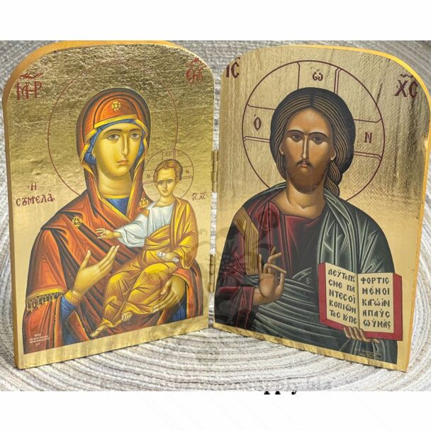 Wooden Diptych Icon of Christ and the Theotokos with Gold Foil Background