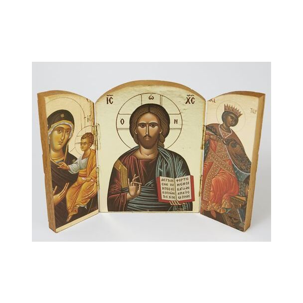 Wooden Triptych Icon of Christ and Saints with Gold Foil Background